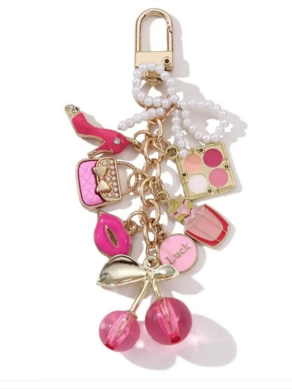 Gold & Pink Charm Keychain with Pearls and Cherries